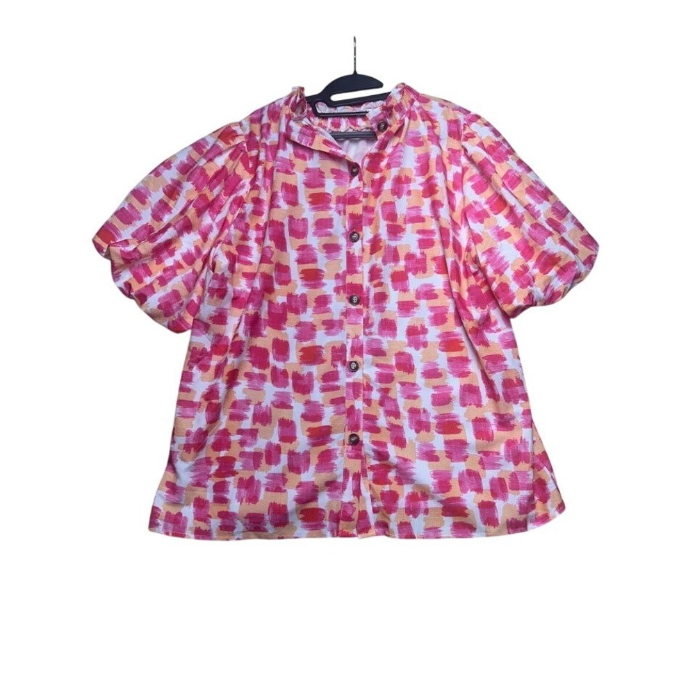 Womens Pink Orange Abstract Brushstroke Puff Sleeve Ruffle Neck Blouse XL